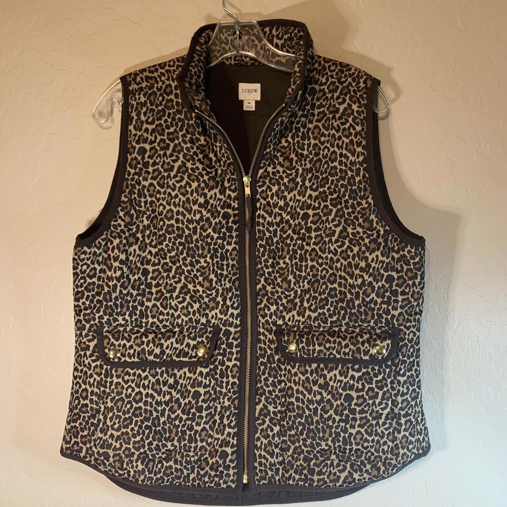 J.Crew Womens Leopard Print Excursion Quilted Zip Up Vest Brown Tan Medium 0698